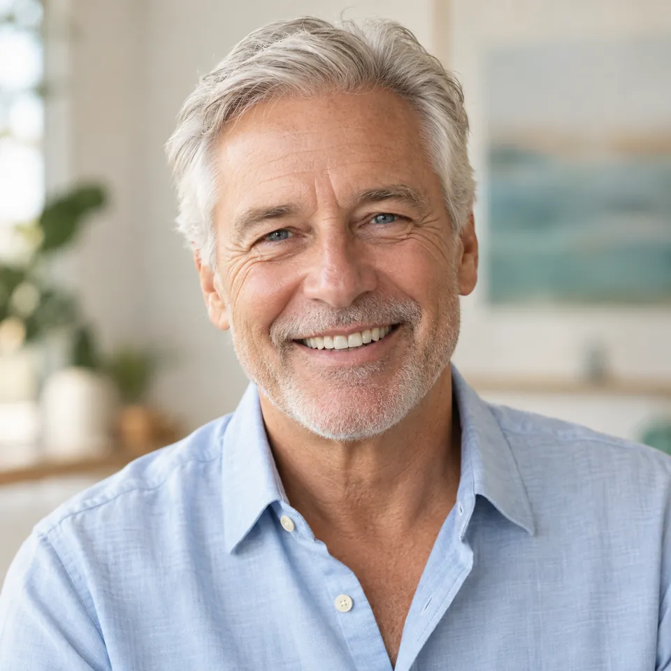 Illustrative portrait of a smiling silver-haired man
