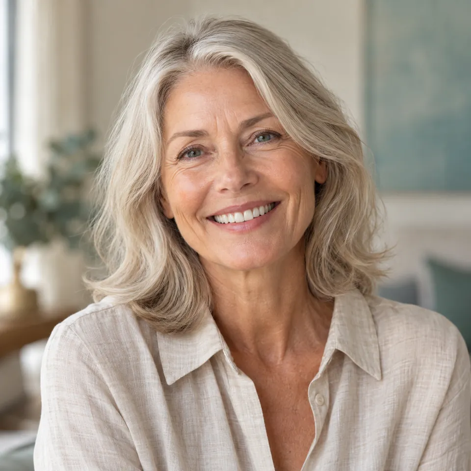 Illustrative portrait of a smiling silver-haired woman