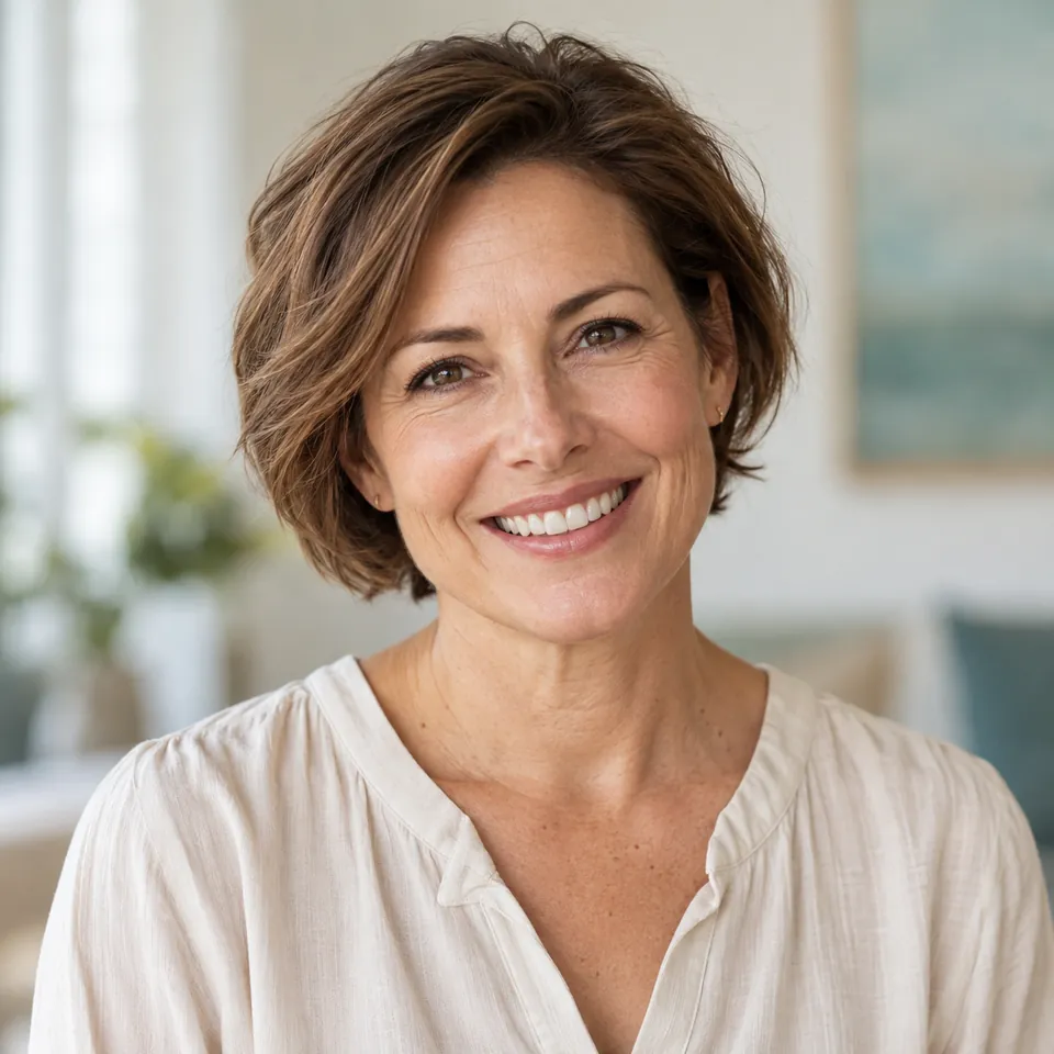 Illustrative portrait of a smiling woman with short chestnut hair
