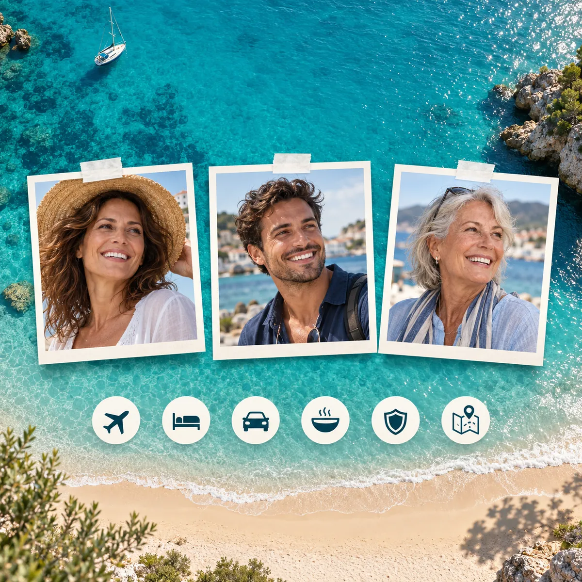 Illustrative collage of smiling adults and travel icons over a turquoise coastline