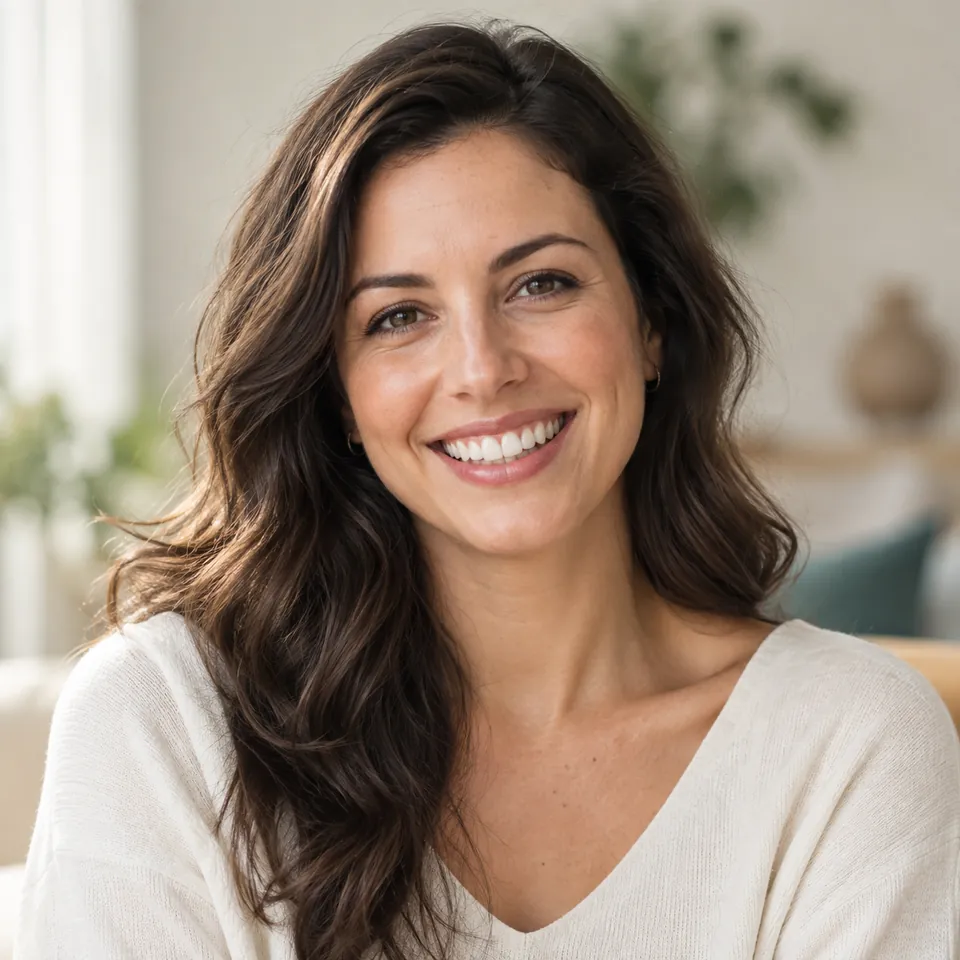 Illustrative portrait of a smiling woman with wavy brown hair