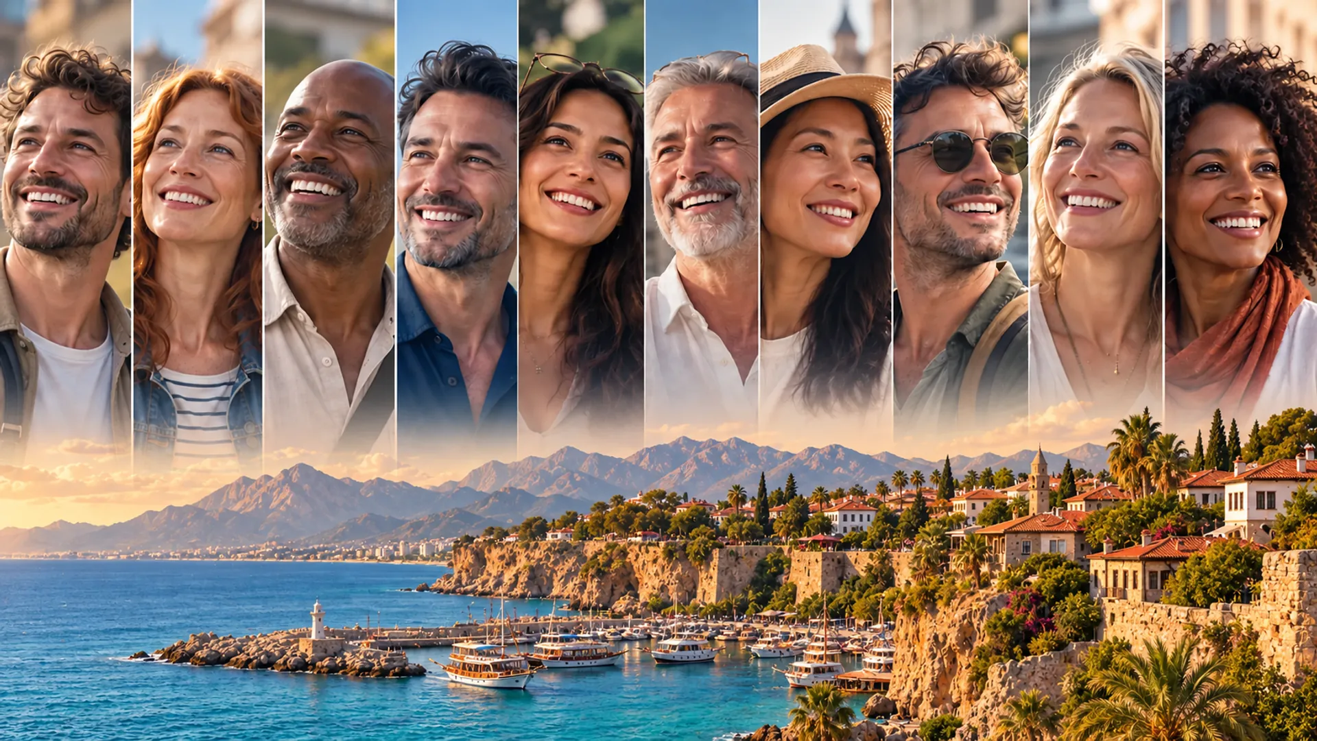 Illustrative collage of smiling adults above Antalya’s Mediterranean coast and old harbour
